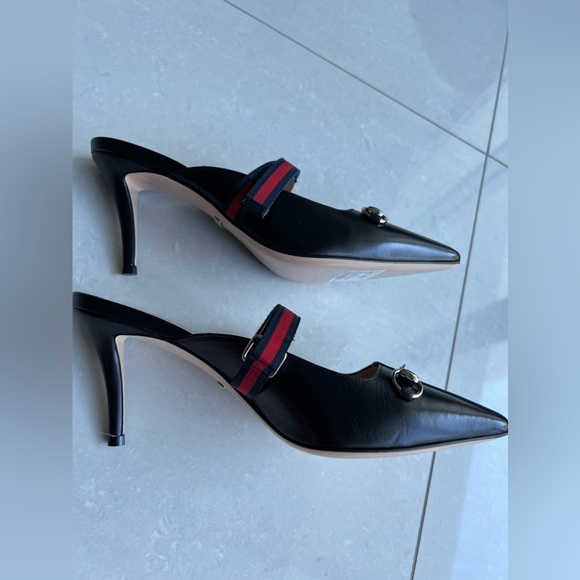 GUCCI Women's Signature Web Strap Horsebit High-Heel Leather Mules Black 39 NEW - Picture 11 of 14